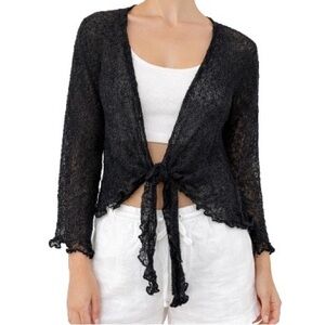 Black Sheer Knit Tie Front Cardigan Ruffle Hem Lightweight Boho Layering Top